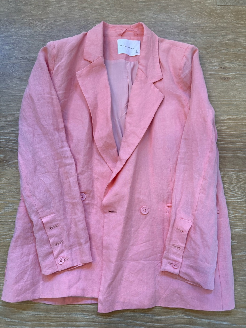 Olivaceous Soft Pink Linen Double-Breasted Blazer